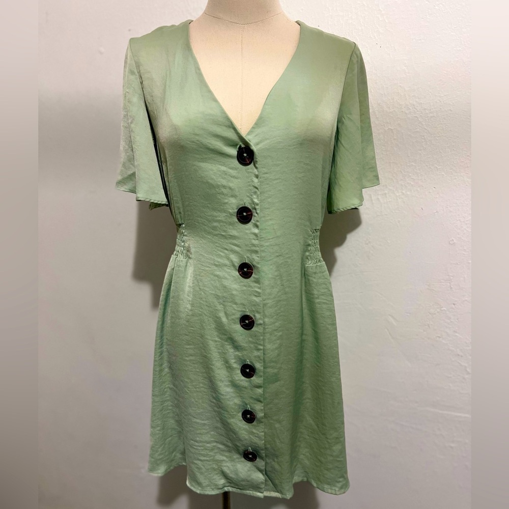 Lulu’s Sage Green Satin Button-Up Mini Dress